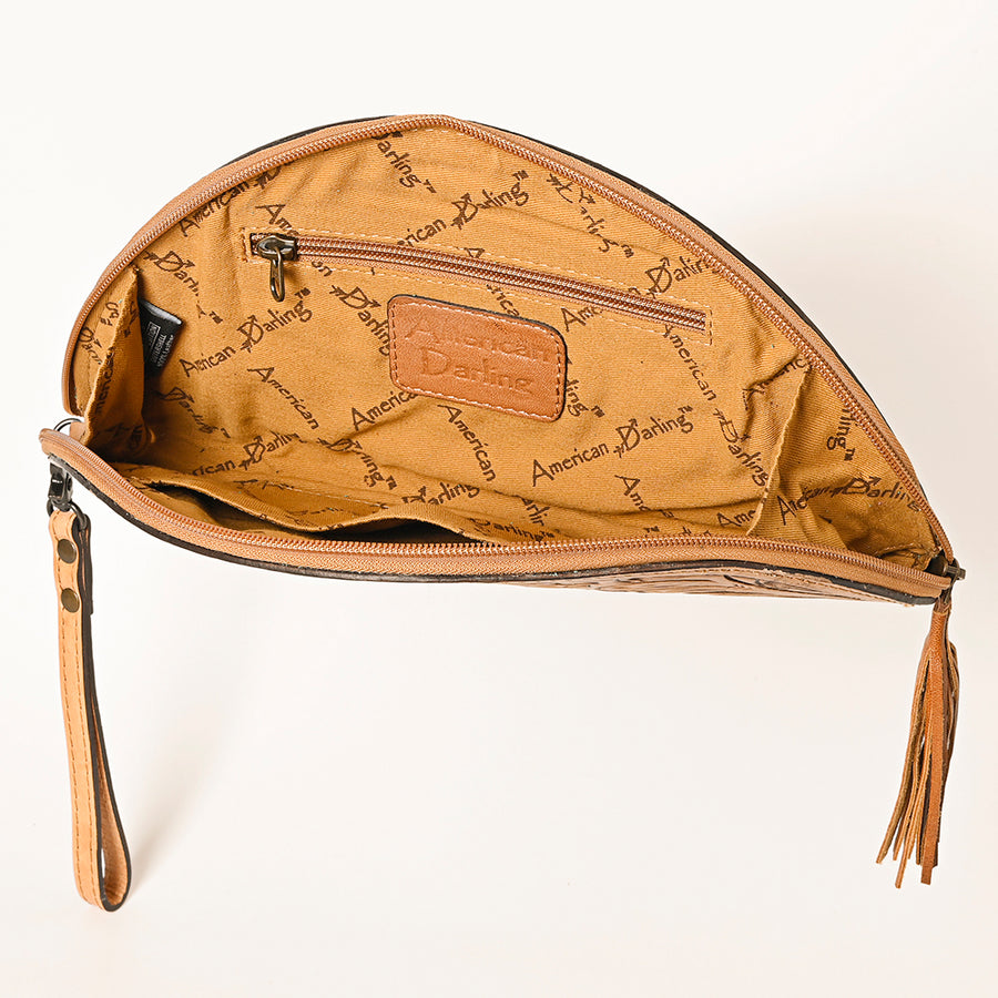 American Darling Western Hand-Tooled Leather Taco Bag for Women – Genuine Floral Carved Wristlet with Fringe Details