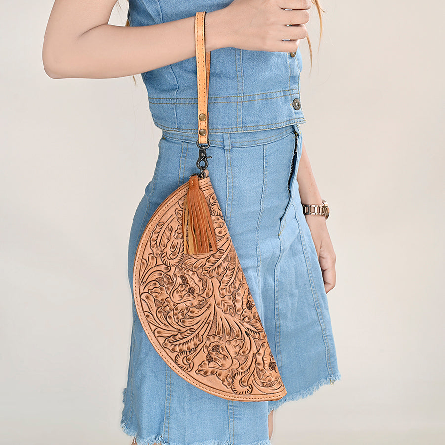 American Darling Western Hand-Tooled Leather Taco Bag for Women – Genuine Floral Carved Wristlet with Fringe Details