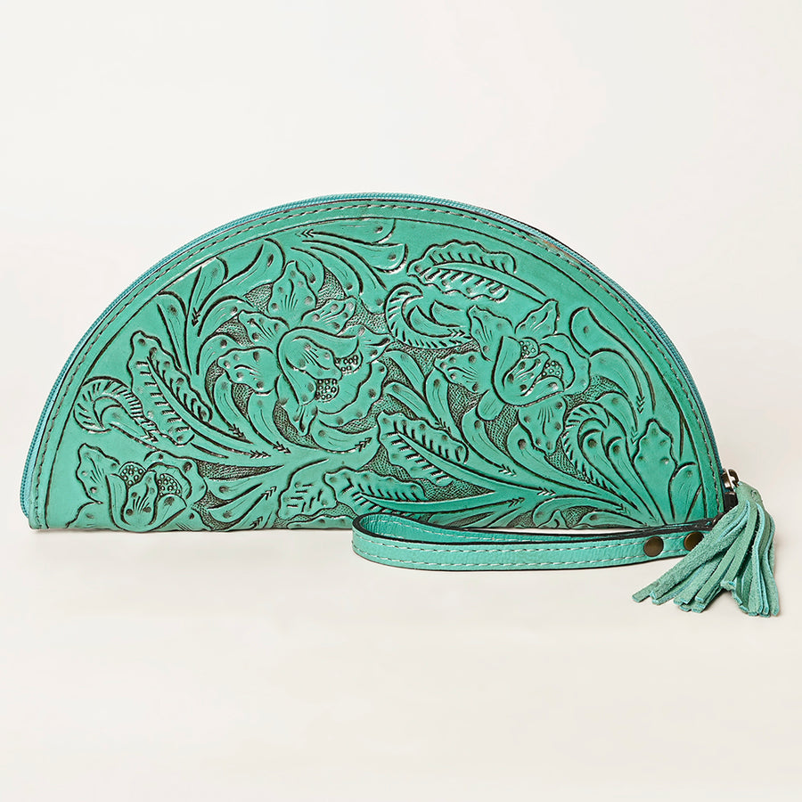 American Darling Western Hand-Tooled Leather Taco Bag for Women – Genuine Floral Carved Wristlet with Fringe Details