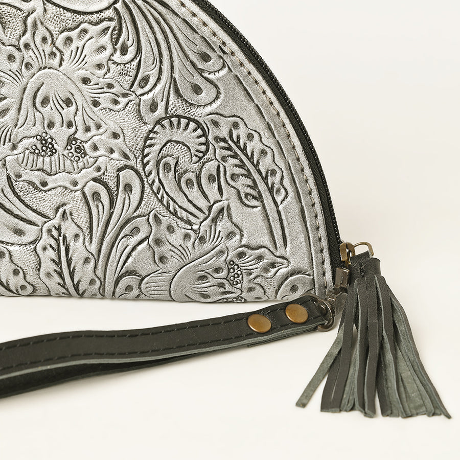 American Darling Western Hand-Tooled Leather Taco Bag for Women – Genuine Floral Carved Wristlet with Fringe Details