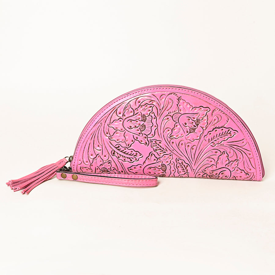 American Darling Western Hand-Tooled Leather Taco Bag for Women – Genuine Floral Carved Wristlet with Fringe Details