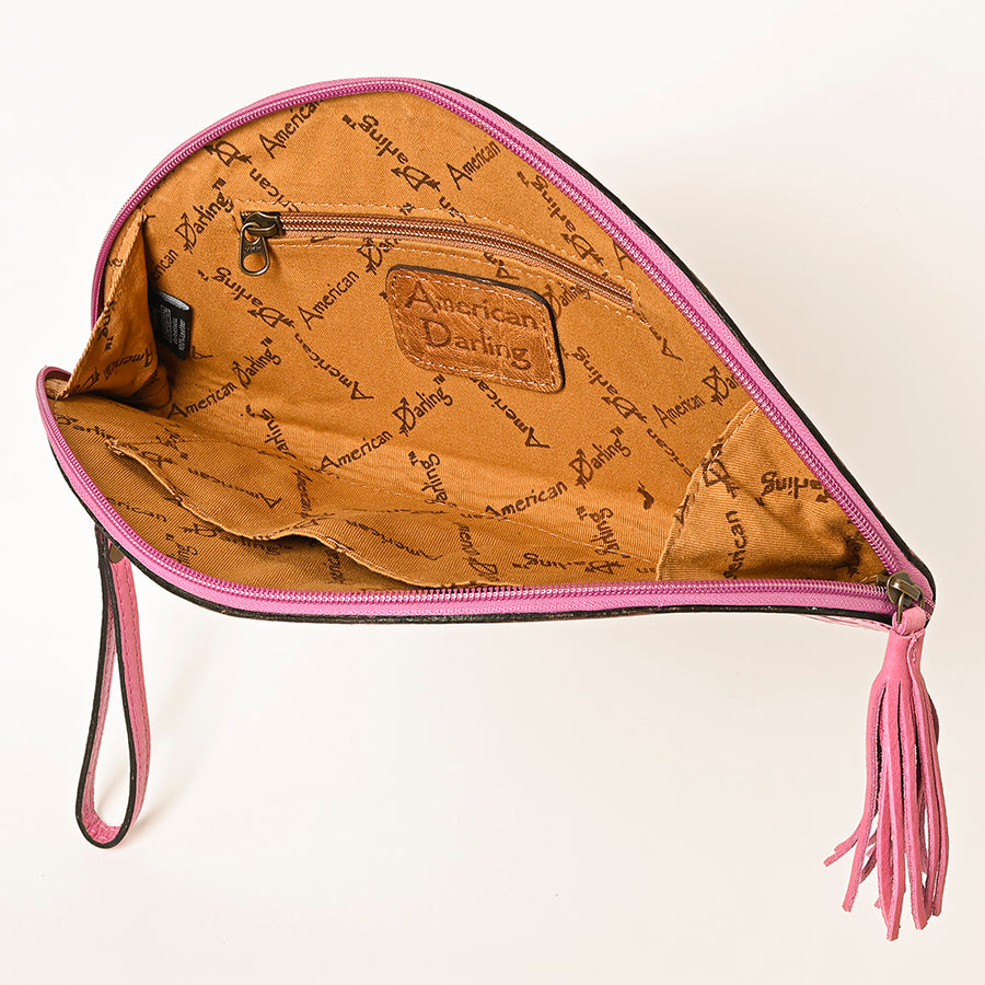 American Darling Western Hand-Tooled Leather Taco Bag for Women – Genuine Floral Carved Wristlet with Fringe Details