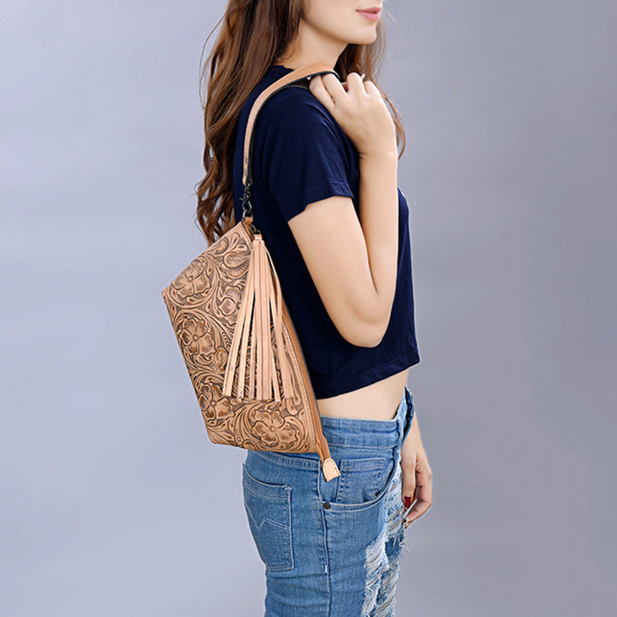 American Darling Western Hand-Tooled Leather Wristlet Bag – Genuine Floral Carved Women’s Clutch with Fringe Strap