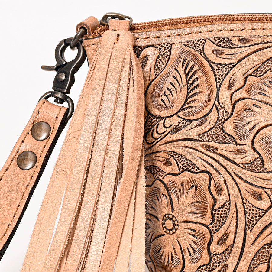 American Darling Western Hand-Tooled Leather Wristlet Bag – Genuine Floral Carved Women’s Clutch with Fringe Strap