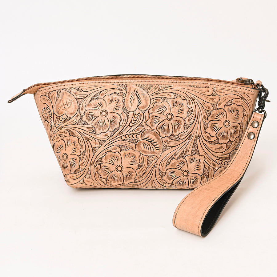 American Darling Western Hand-Tooled Leather Wristlet Bag – Genuine Floral Carved Women’s Clutch with Fringe Strap