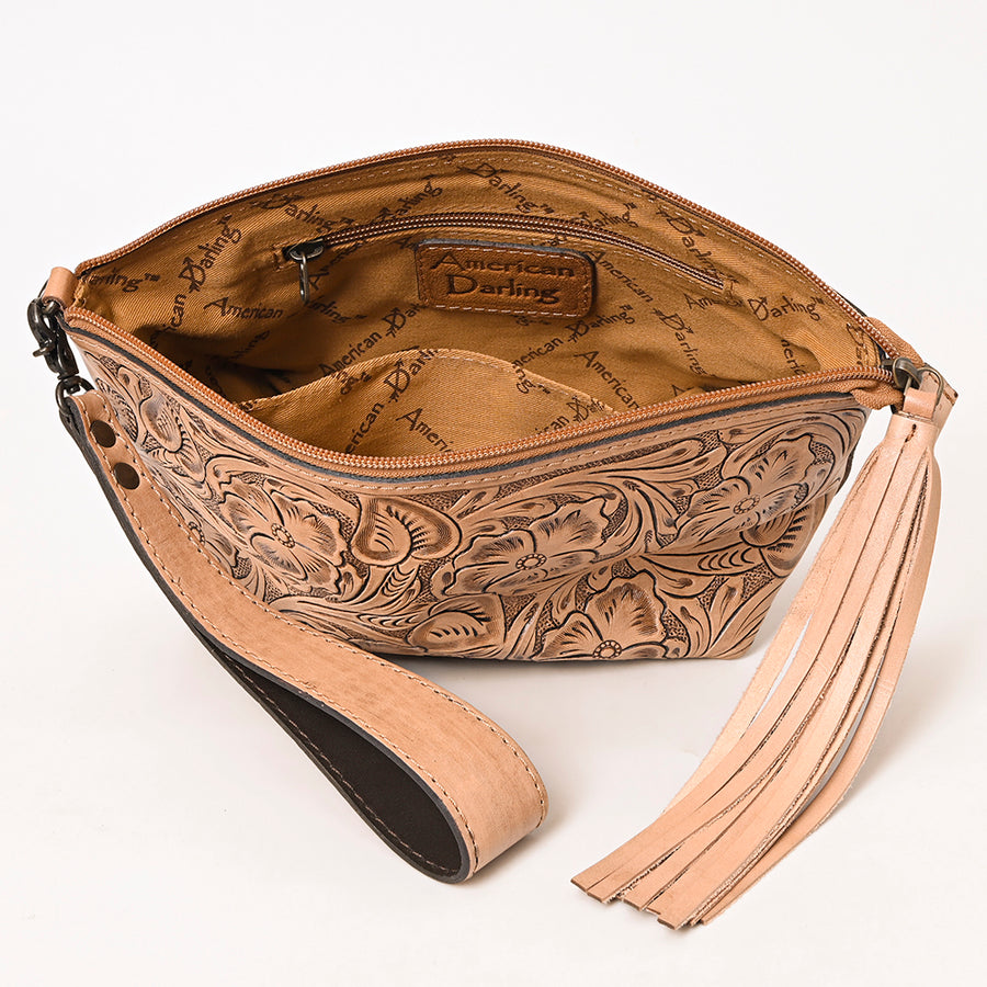 American Darling Western Hand-Tooled Leather Wristlet Bag – Genuine Floral Carved Women’s Clutch with Fringe Strap