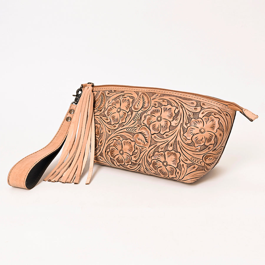 American Darling Hand-Tooled Western Leather Wristlet Bag - Genuine Floral Carved Women's Clutch - Uhorse