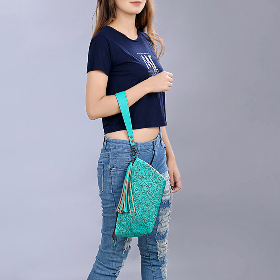 American Darling Western Hand-Tooled Leather Wristlet Bag – Genuine Floral Carved Women’s Clutch with Fringe Strap