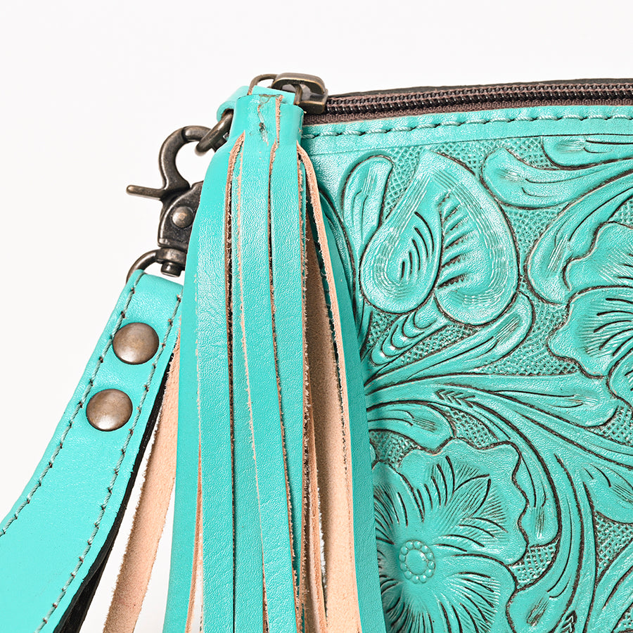 American Darling Western Hand-Tooled Leather Wristlet Bag – Genuine Floral Carved Women’s Clutch with Fringe Strap
