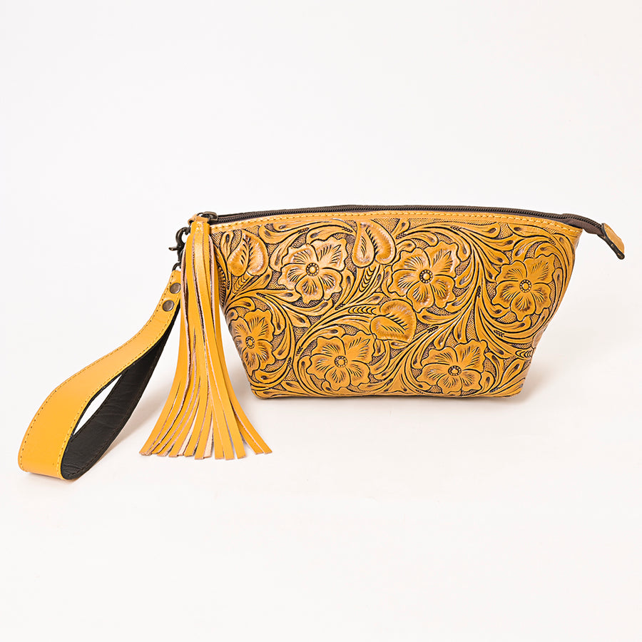 American Darling Western Hand-Tooled Leather Wristlet Bag – Genuine Floral Carved Women’s Clutch with Fringe Strap