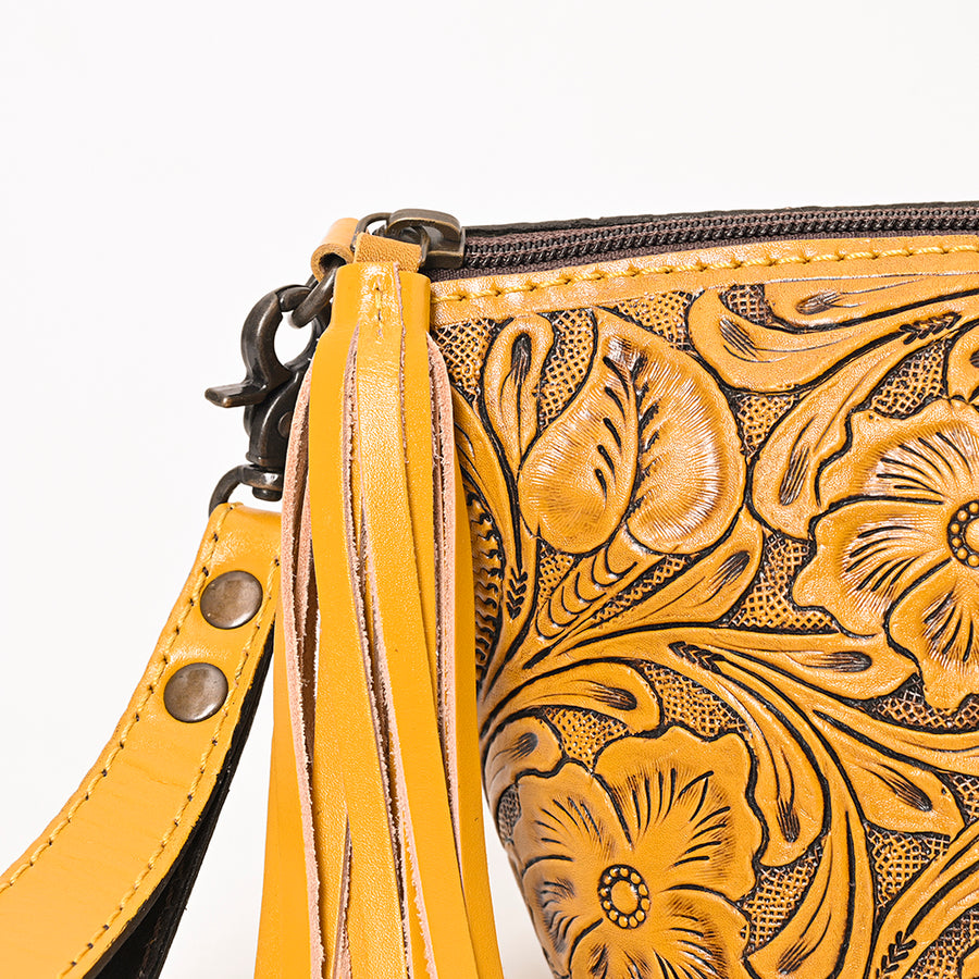 American Darling Western Hand-Tooled Leather Wristlet Bag – Genuine Floral Carved Women’s Clutch with Fringe Strap