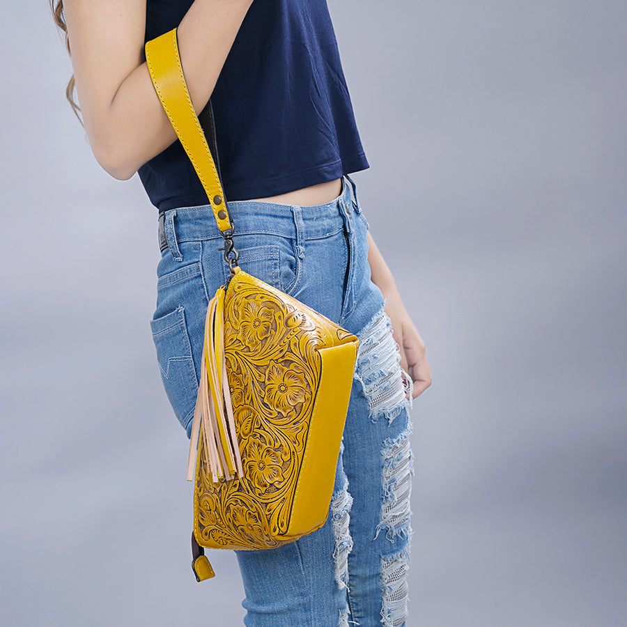 American Darling Western Hand-Tooled Leather Wristlet Bag – Genuine Floral Carved Women’s Clutch with Fringe Strap