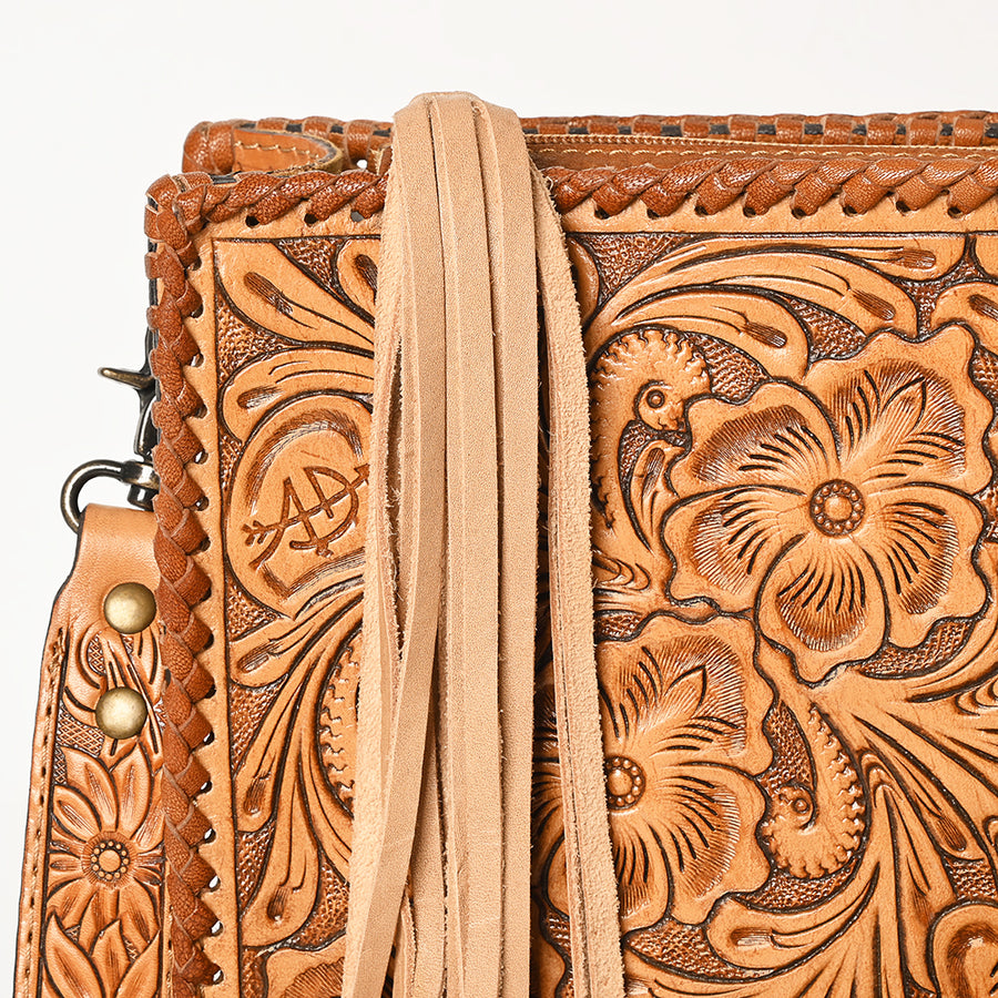 American Darling Western Hand-Tooled Leather Crossbody Bag – Genuine Floral Carved Women’s Purse with Strap and Fringe Detail