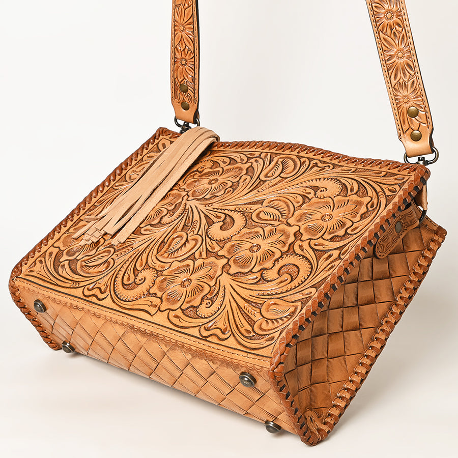 American Darling Western Hand-Tooled Leather Crossbody Bag – Genuine Floral Carved Women’s Purse with Strap and Fringe Detail
