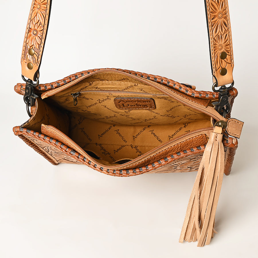 American Darling Western Hand-Tooled Leather Crossbody Bag – Genuine Floral Carved Women’s Purse with Strap and Fringe Detail