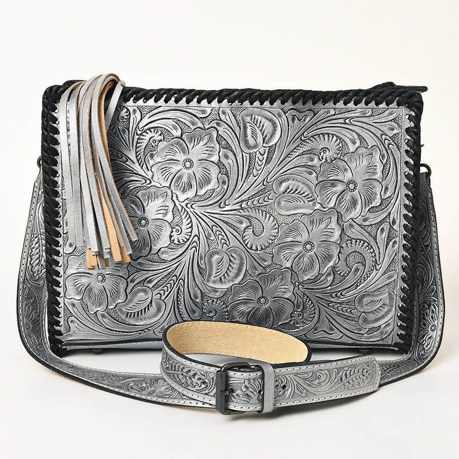 American Darling Western Hand-Tooled Leather Crossbody Bag – Genuine Floral Carved Women’s Purse with Strap and Fringe Detail