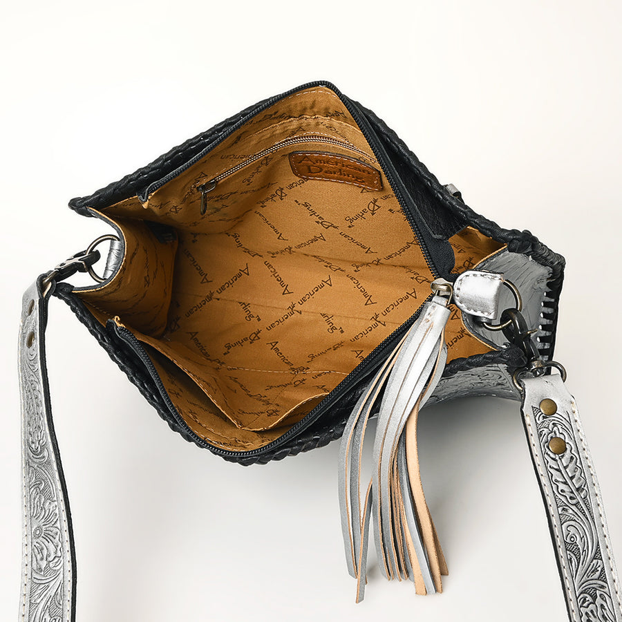 American Darling Western Hand-Tooled Leather Crossbody Bag – Genuine Floral Carved Women’s Purse with Strap and Fringe Detail