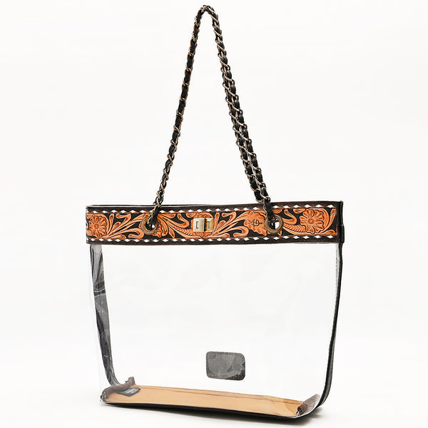 American Darling Western Clear Tote Bag with Hand-Tooled Leather Trim - Genuine Leather Stadium-Approved Tote - Uhorse