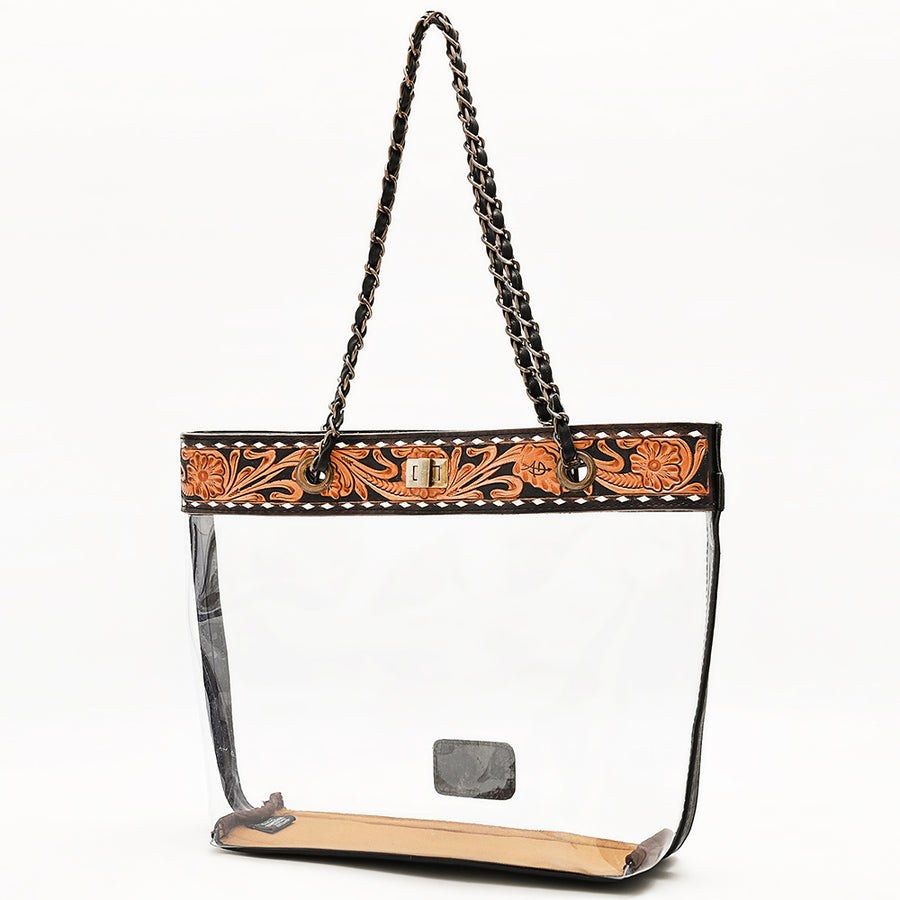 American Darling Western Clear Tote Bag with Hand-Tooled Leather Trim - Genuine Leather Stadium-Approved Tote - Uhorse
