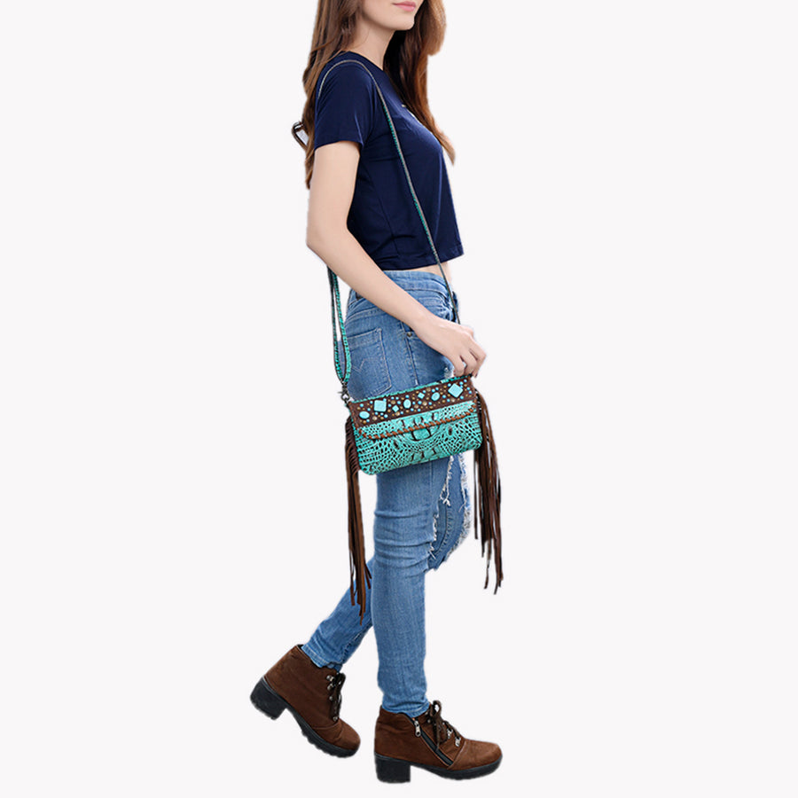 American Darling Wallet Handbag – Crocodile Embossed Genuine Leather, Fringe Details, Western Stone Accents, Compact Western Purse