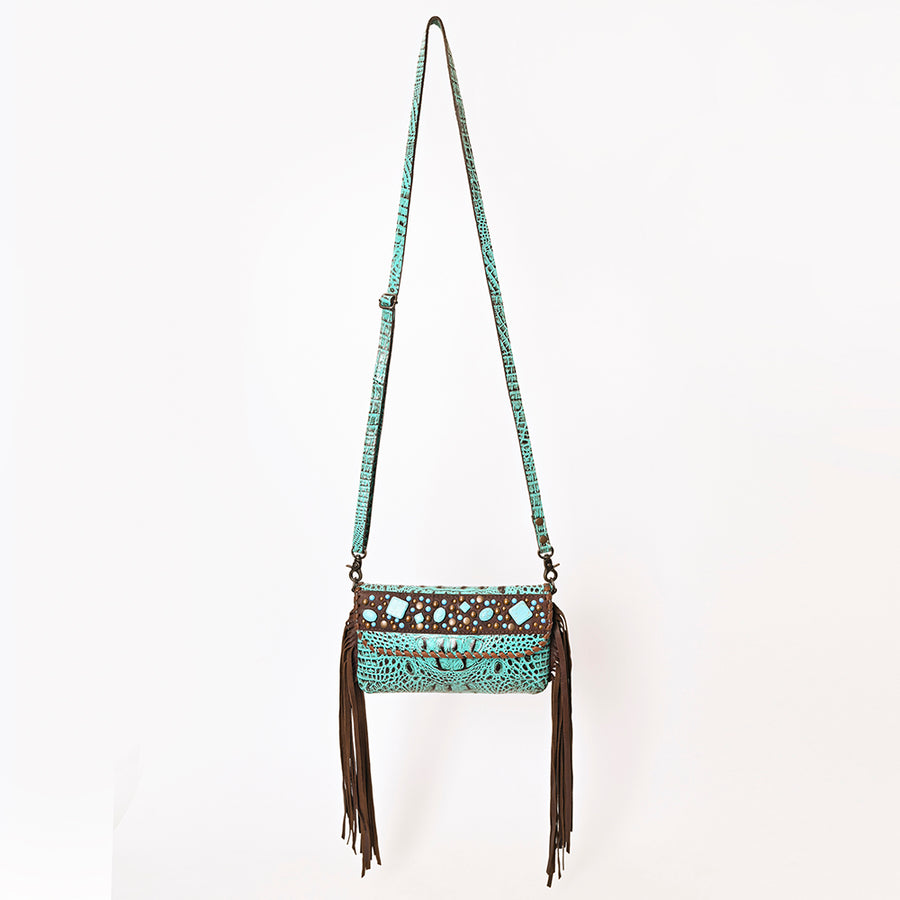 American Darling Wallet Handbag – Crocodile Embossed Genuine Leather, Fringe Details, Western Stone Accents, Compact Western Purse