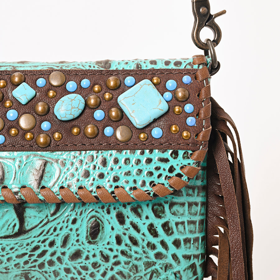 American Darling Wallet Handbag – Crocodile Embossed Genuine Leather, Fringe Details, Western Stone Accents, Compact Western Purse