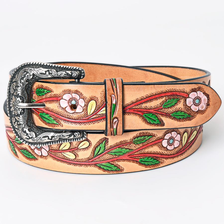 American Darling Beautifully Hand Tooled Green Genuine Leather Belt Men and Women Western with Removable Buckle