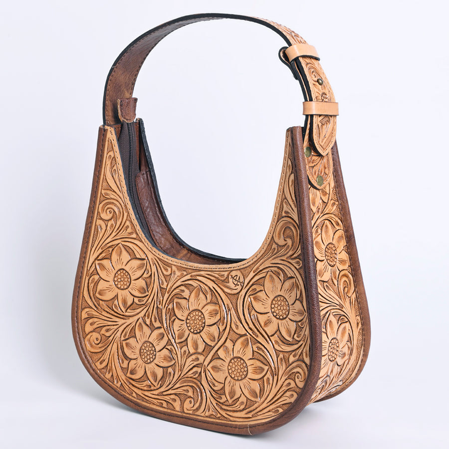 hand tooled floral carved western leather hobo bag with carved strap by american darling