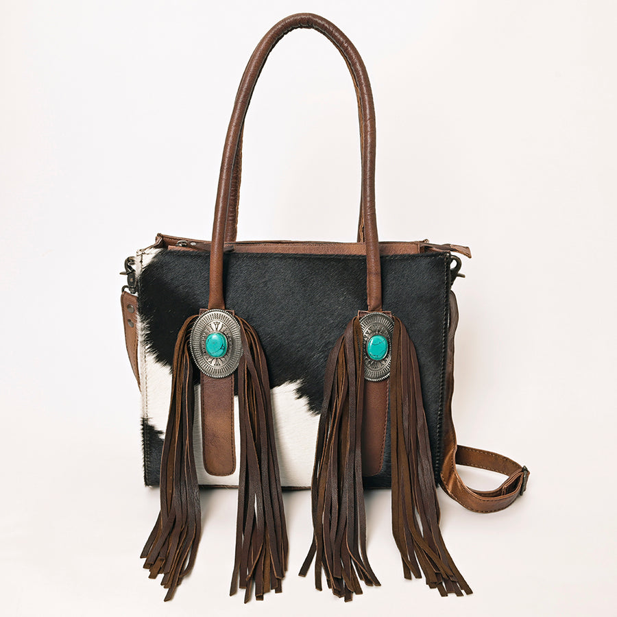 American Darling Hair-On Cowhide Western Leather Tote Bag with Fringe, Genuine Leather Shoulder Tote, Everyday Carry Bag