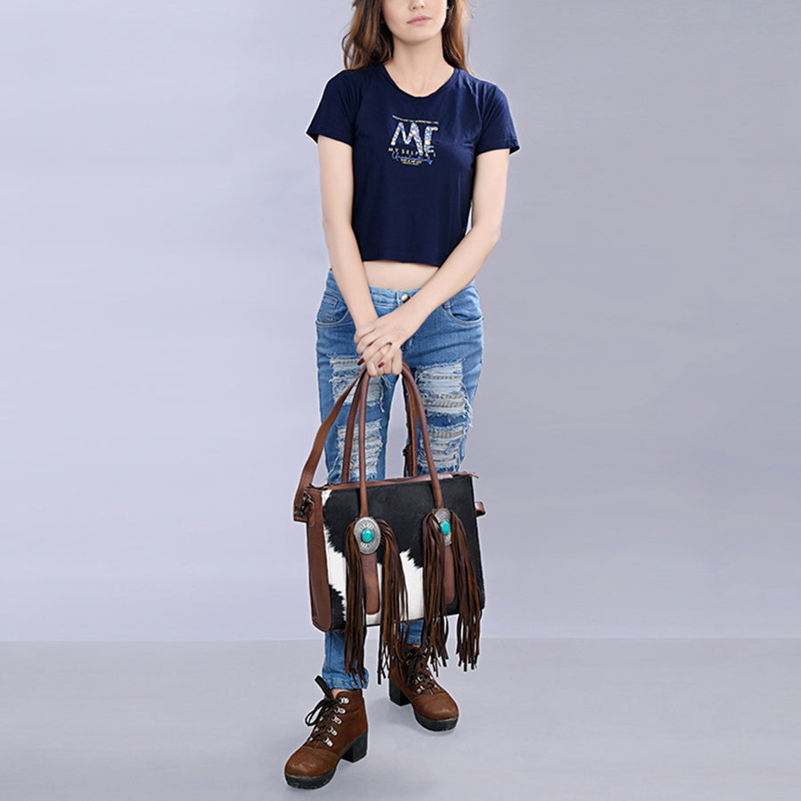 American Darling Hair-On Cowhide Western Leather Tote Bag with Fringe, Genuine Leather Shoulder Tote, Everyday Carry Bag