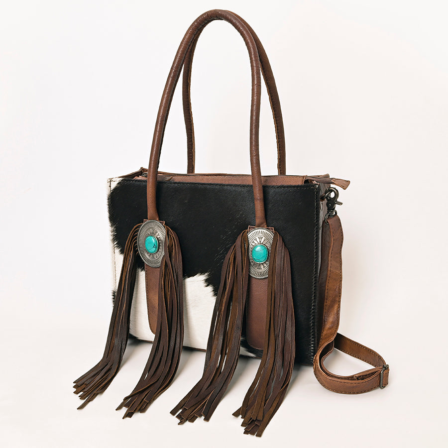American Darling Western Leather Tote Bag with Hair-On Cowhide and Fringe - Uhorse