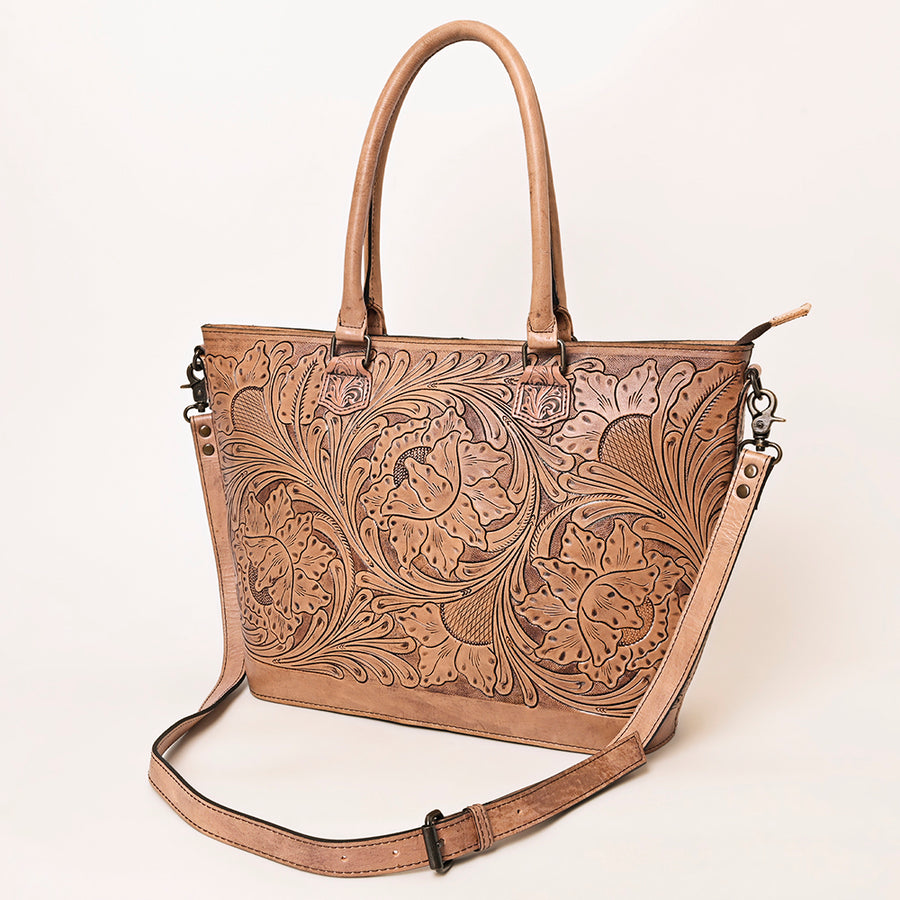 American Darling Western Hand-Tooled Leather Tote Bag Genuine Floral Carved Tote - Uhorse