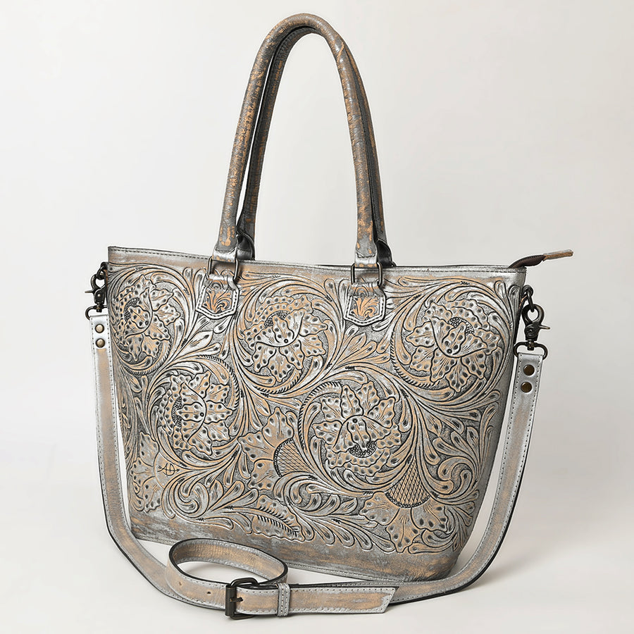 American Darling Western Hand-Tooled Leather Tote Bag Genuine Floral Carved Tote - Uhorse