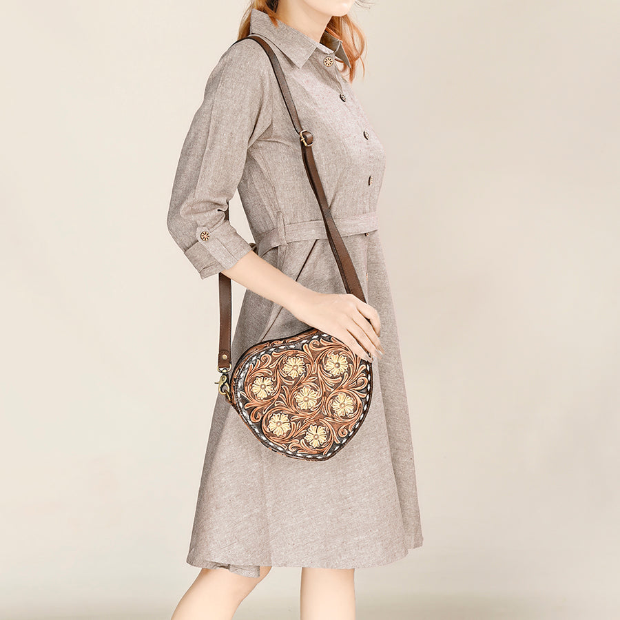 American Darling Hand Tooled Floral Carved Canteen Bag Vegetable-Tanned Genuine Leather Western Crossbody with YKK Zipper