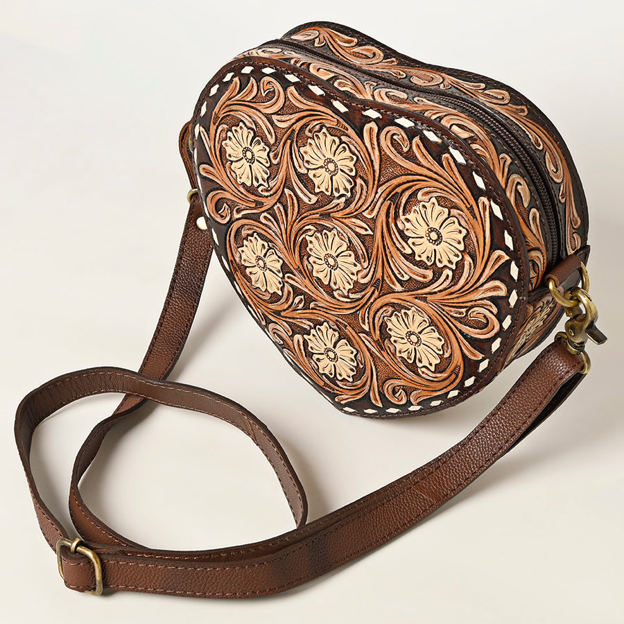 American Darling Hand Tooled Floral Carved Canteen Bag Vegetable-Tanned Genuine Leather Western Crossbody with YKK Zipper