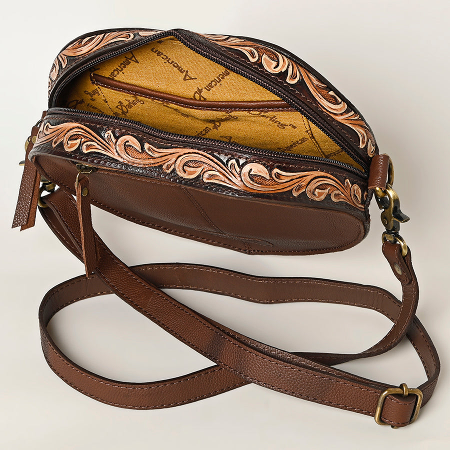 American Darling Hand Tooled Floral Carved Canteen Bag Vegetable-Tanned Genuine Leather Western Crossbody with YKK Zipper