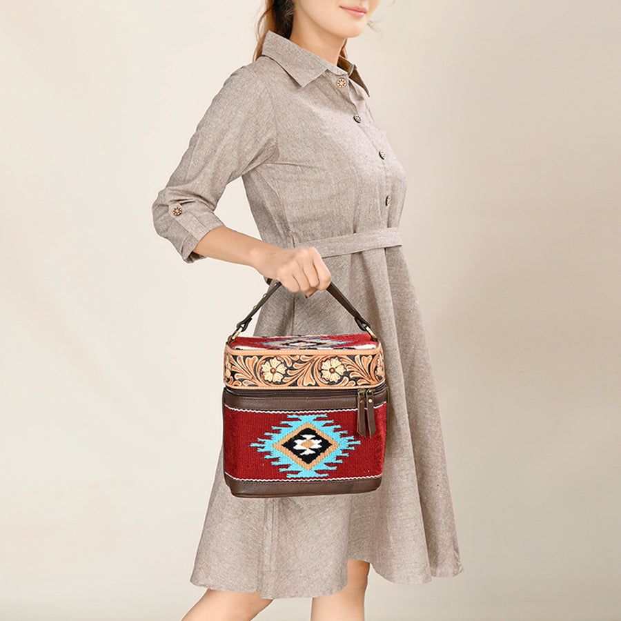 American Darling Hand Tooled Floral Carved Leather & Hand-Woven Saddle Blanket Jewelry Case Western Genuine Leather YKK Zipper