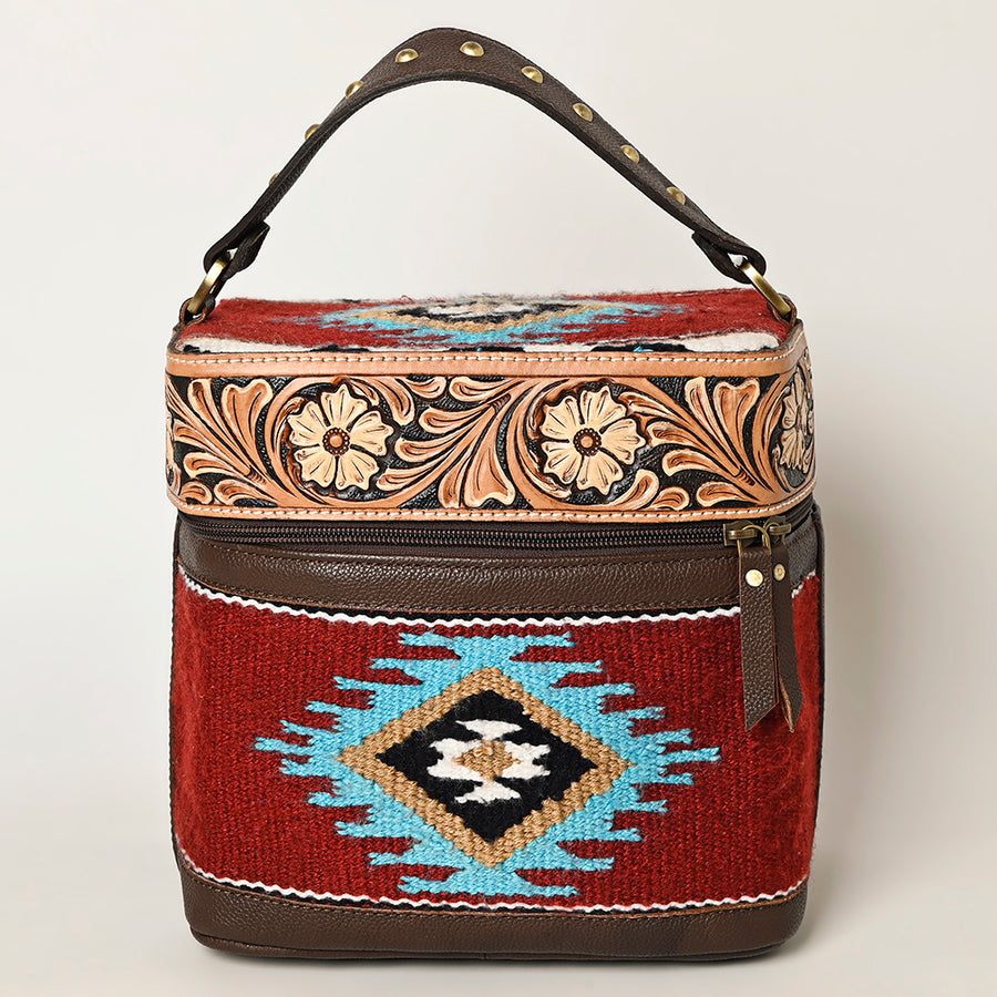 American Darling Hand Tooled Floral Carved Leather & Hand-Woven Saddle Blanket Jewelry Case Western Genuine Leather YKK Zipper
