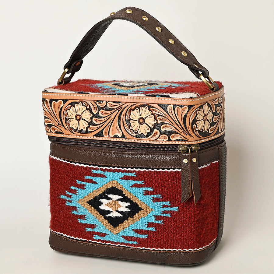 American Darling Hand Tooled Floral Carved Leather & Hand-Woven Saddle Blanket Jewelry Case Western Genuine Leather YKK Zipper