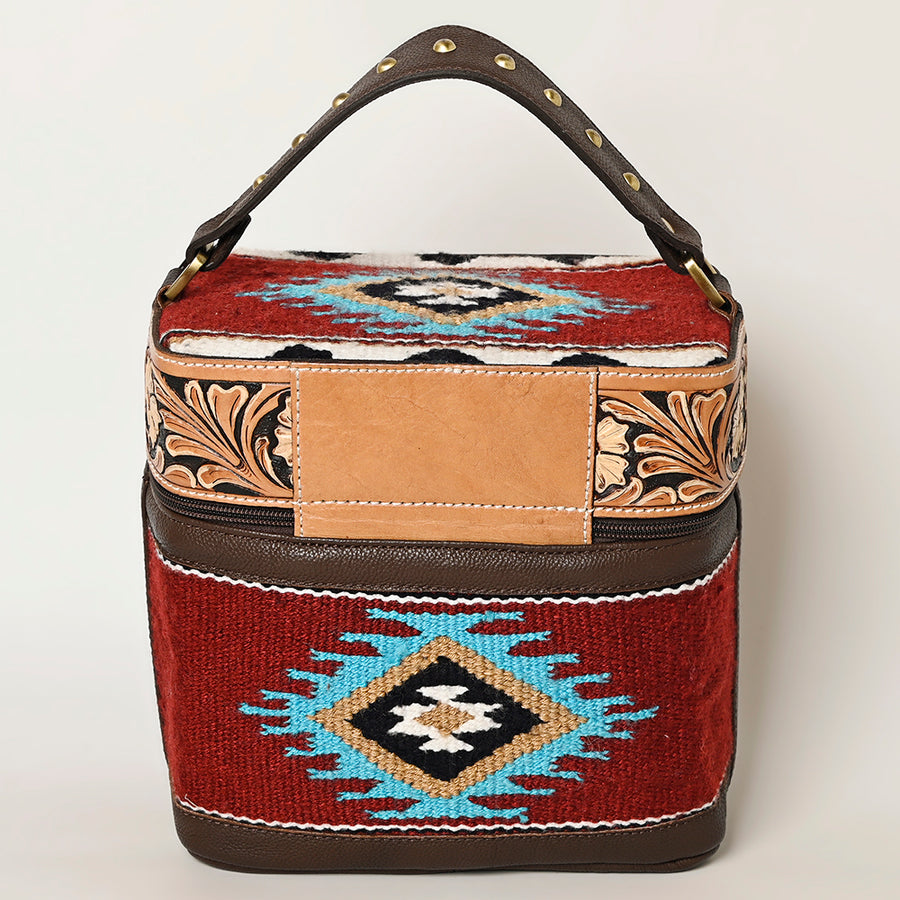 American Darling Hand Tooled Floral Carved Leather & Hand-Woven Saddle Blanket Jewelry Case Western Genuine Leather YKK Zipper