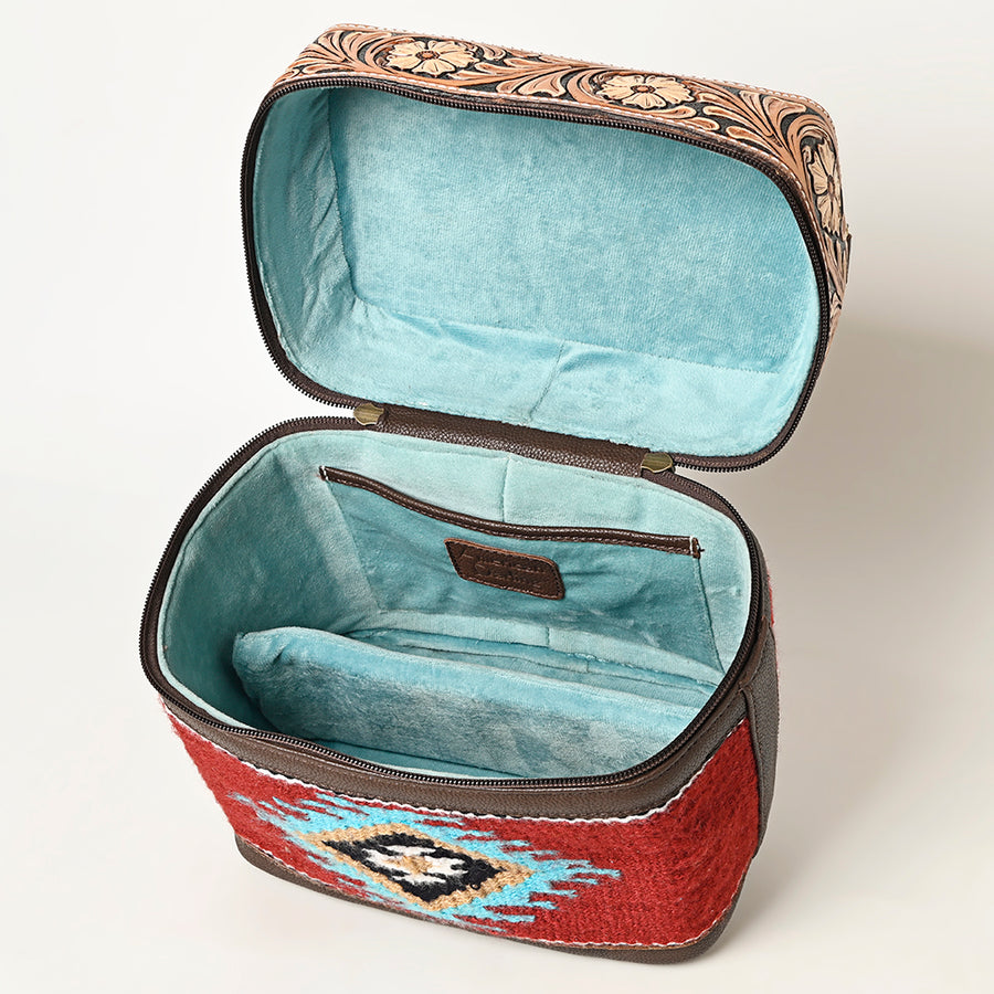 American Darling Hand Tooled Floral Carved Leather & Hand-Woven Saddle Blanket Jewelry Case Western Genuine Leather YKK Zipper