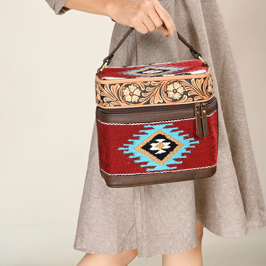 American Darling Hand Tooled Floral Carved Leather & Hand-Woven Saddle Blanket Jewelry Case Western Genuine Leather YKK Zipper