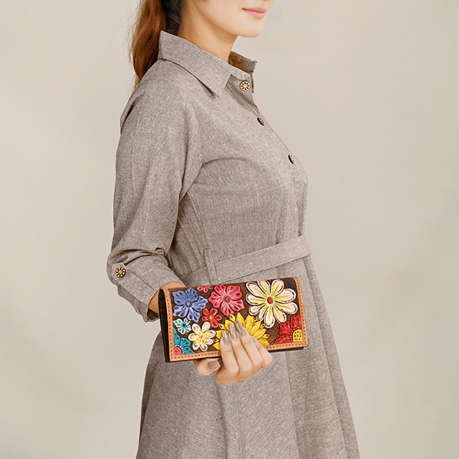 American Darling Hand Tooled Floral Carved Leather Clutch Bag Eco-Friendly Vegetable-Tanned Genuine Leather Western Wallet