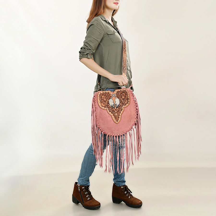 American Darling Suede Leather Fringe Hand Tooled Floral Carved Large Cross body Bag Genuine Western Leather YKK Zipper