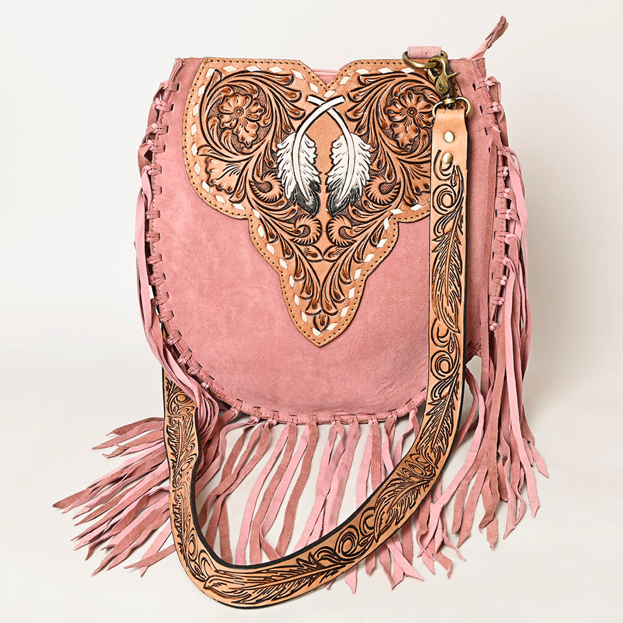 American Darling Suede Leather Fringe Hand Tooled Floral Carved Large Cross body Bag Genuine Western Leather YKK Zipper