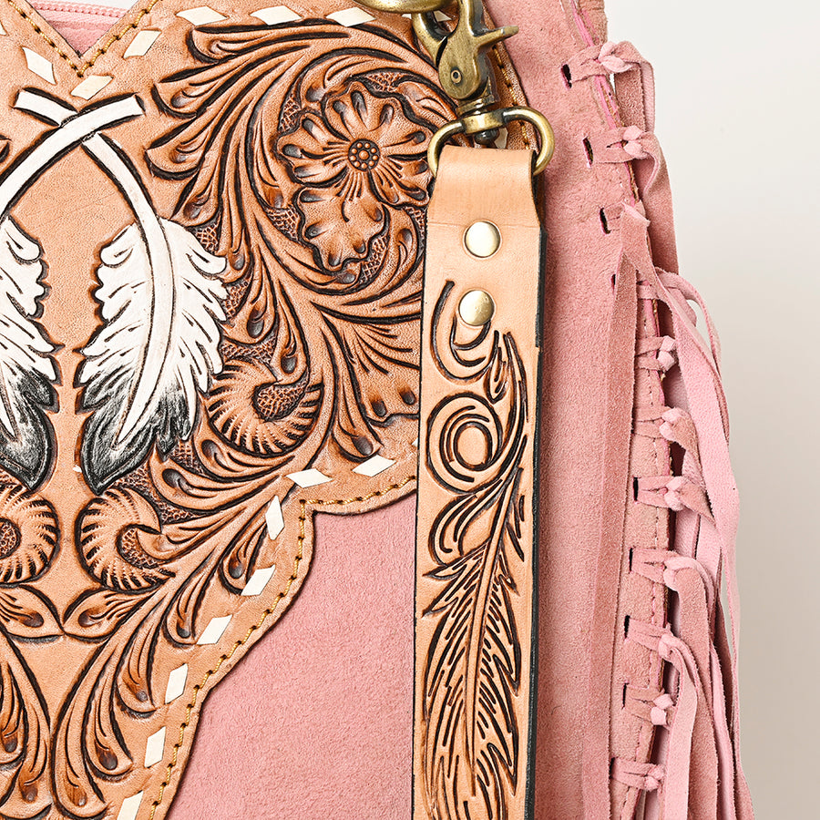 American Darling Suede Leather Fringe Hand Tooled Floral Carved Large Cross body Bag Genuine Western Leather YKK Zipper
