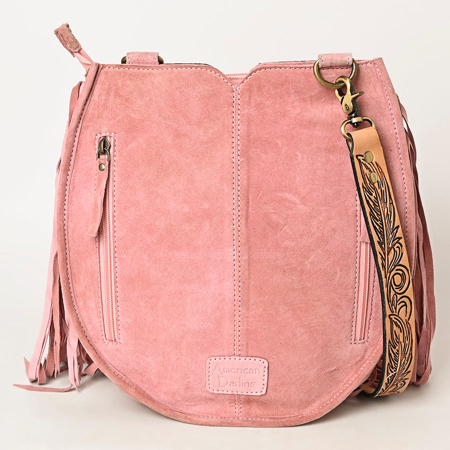 American Darling Suede Leather Fringe Hand Tooled Floral Carved Large Cross body Bag Genuine Western Leather YKK Zipper