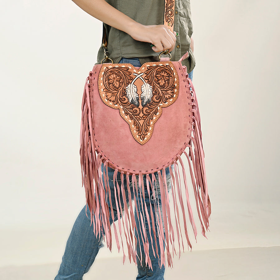 American Darling Suede Leather Fringe Hand Tooled Floral Carved Large Cross body Bag Genuine Western Leather YKK Zipper