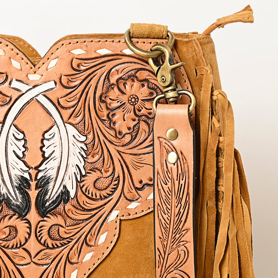 American Darling Suede Leather Fringe Hand Tooled Floral Carved Large Cross body Bag Genuine Western Leather YKK Zipper