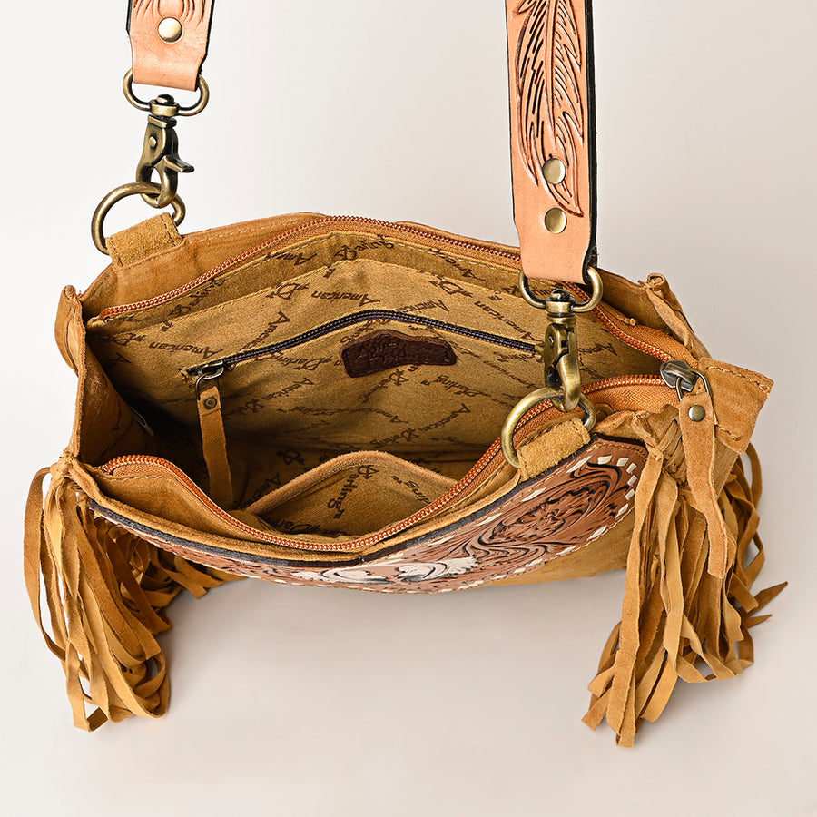 American Darling Suede Leather Fringe Hand Tooled Floral Carved Large Cross body Bag Genuine Western Leather YKK Zipper
